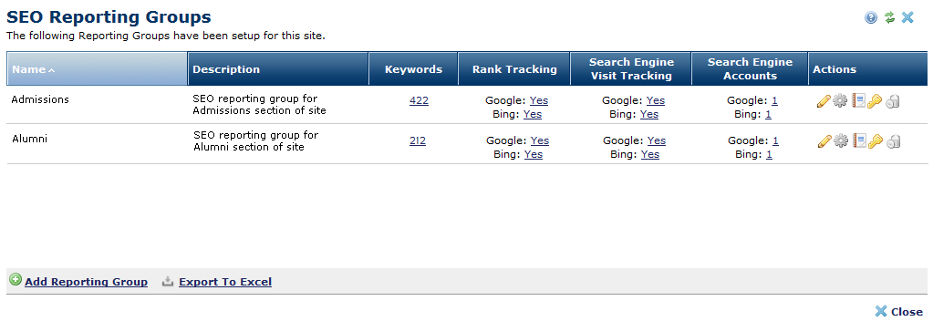 SEO Reporting Groups Dialog