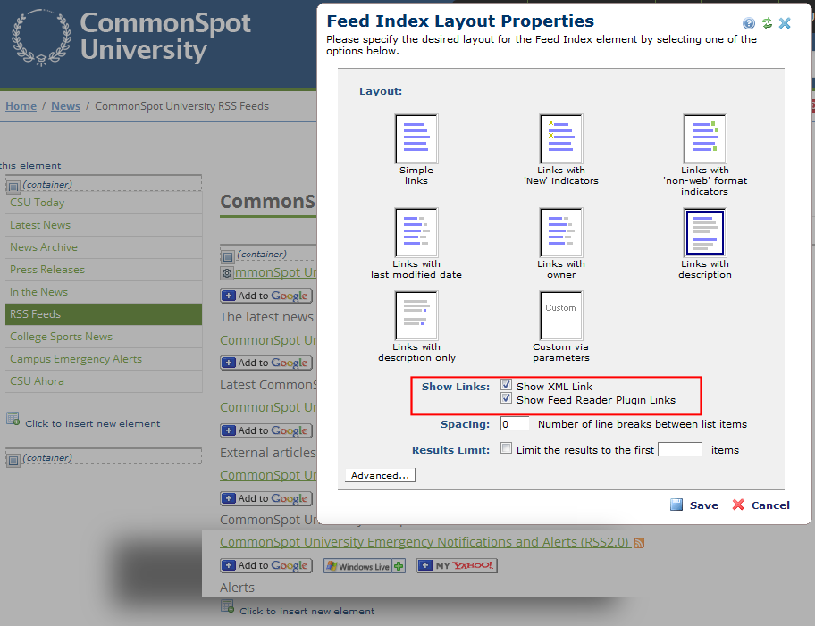 Feed Index Layout Properties