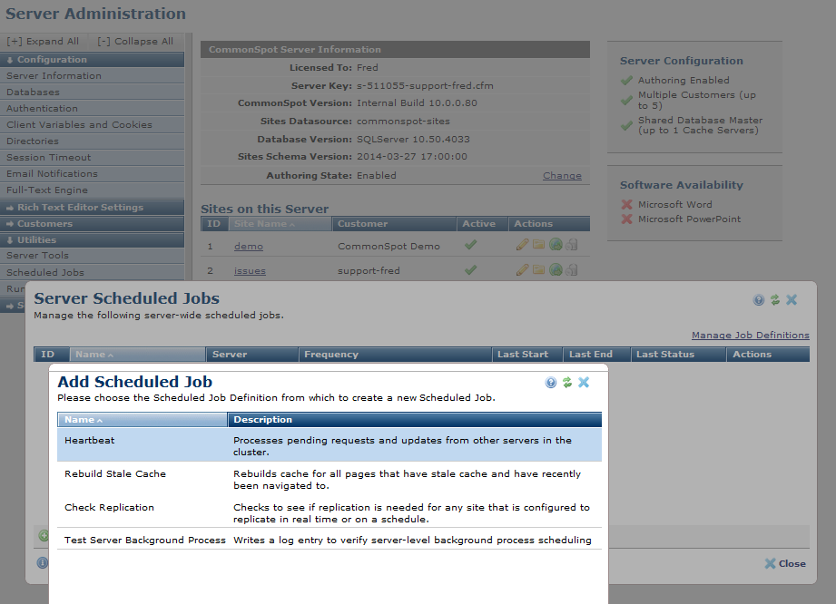 Server Scheduled Jobs dialogs